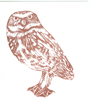 Hand-Carved Stamp of a Burrowing Owl