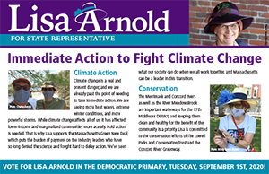 A single-issue postcard for Lisa Arnold's campaign, about climate change