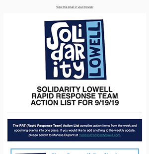 Example of the Solidarity Lowell Rapid Response Team Action List email